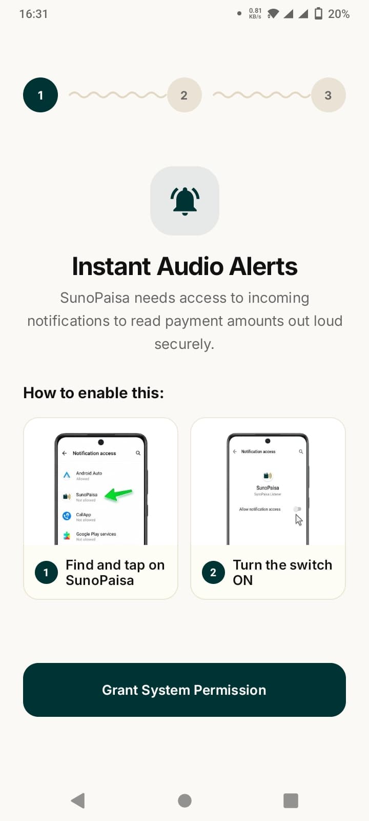 Allow payment notifications