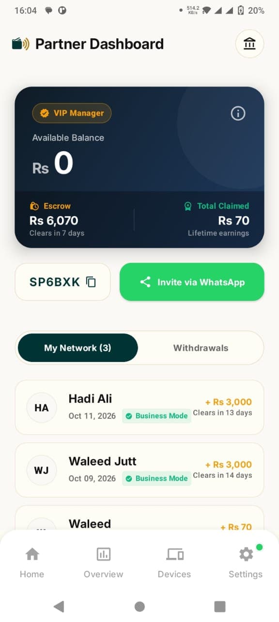 Actual in-app referral dashboard