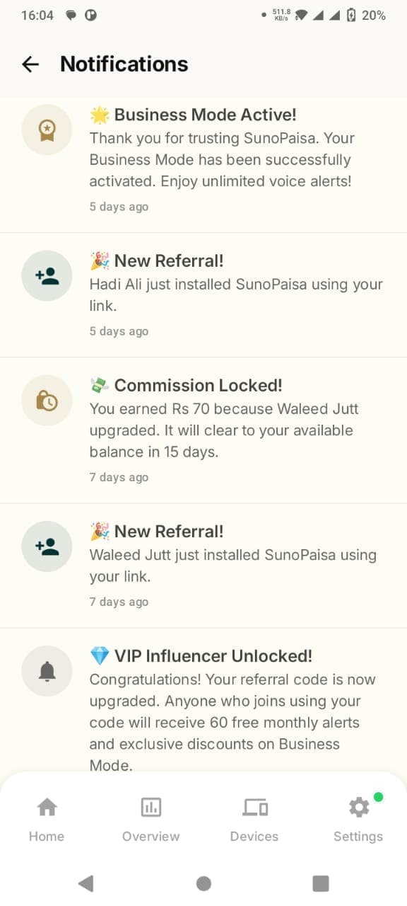 Actual SunoPaisa in-app notification history